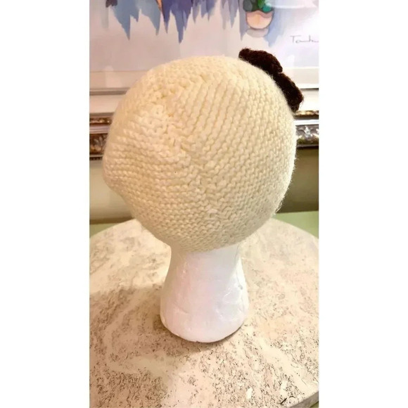 Vintage Handmade Knit Yarn Wool Kids Girls Hat Beanie Cream Flower - Picture 4 of 8